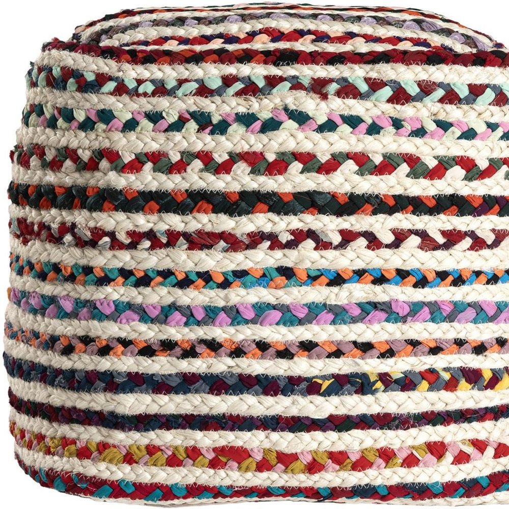 18" Natural and Rainbow Jute and Upholstery Striped Pouf Ottoman HomeRoots