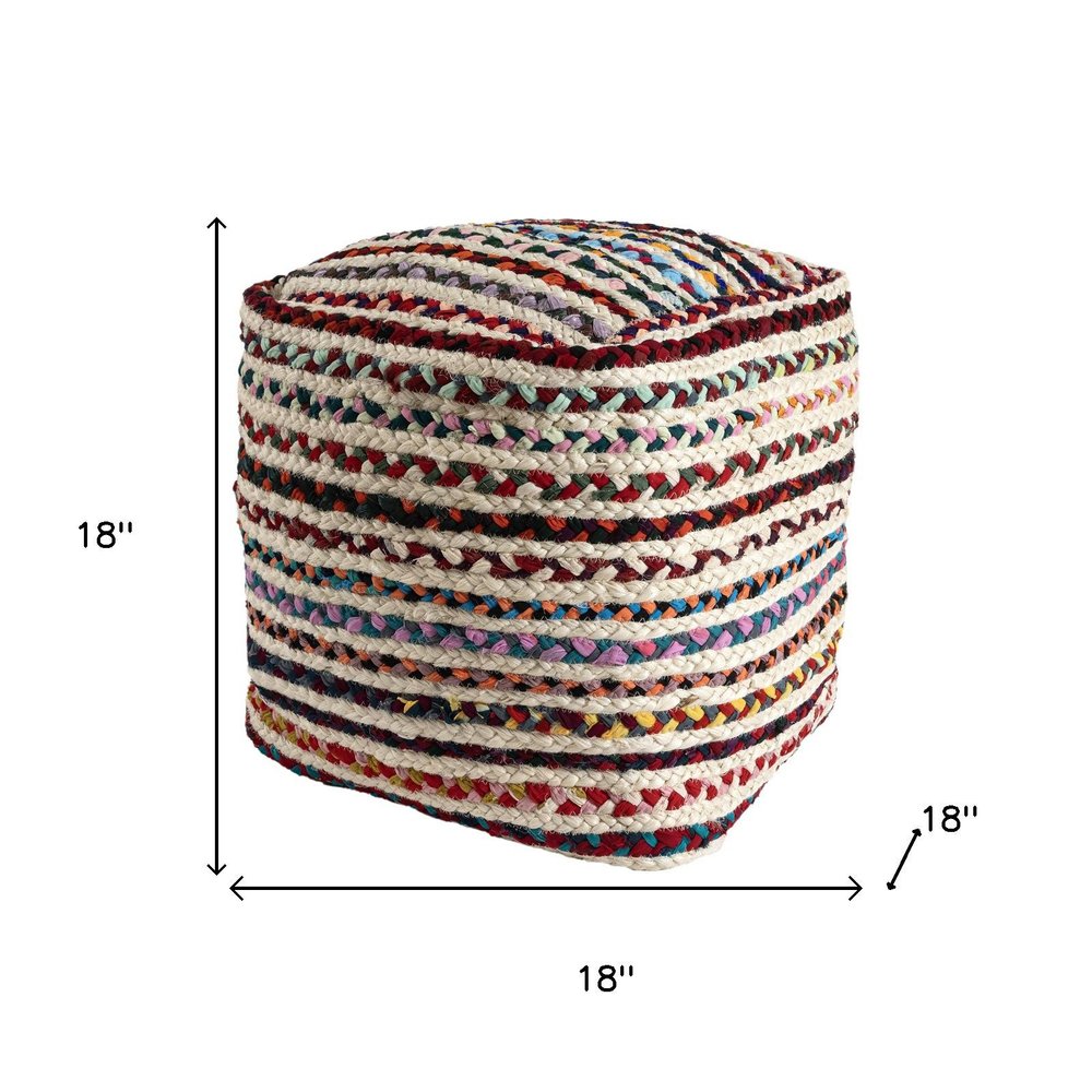 18" Natural and Rainbow Jute and Upholstery Striped Pouf Ottoman HomeRoots