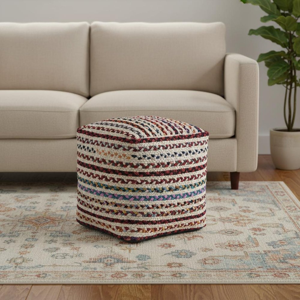 18" Natural and Rainbow Jute and Upholstery Striped Pouf Ottoman HomeRoots