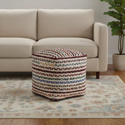 18" Natural and Rainbow Jute and Upholstery Striped Pouf Ottoman