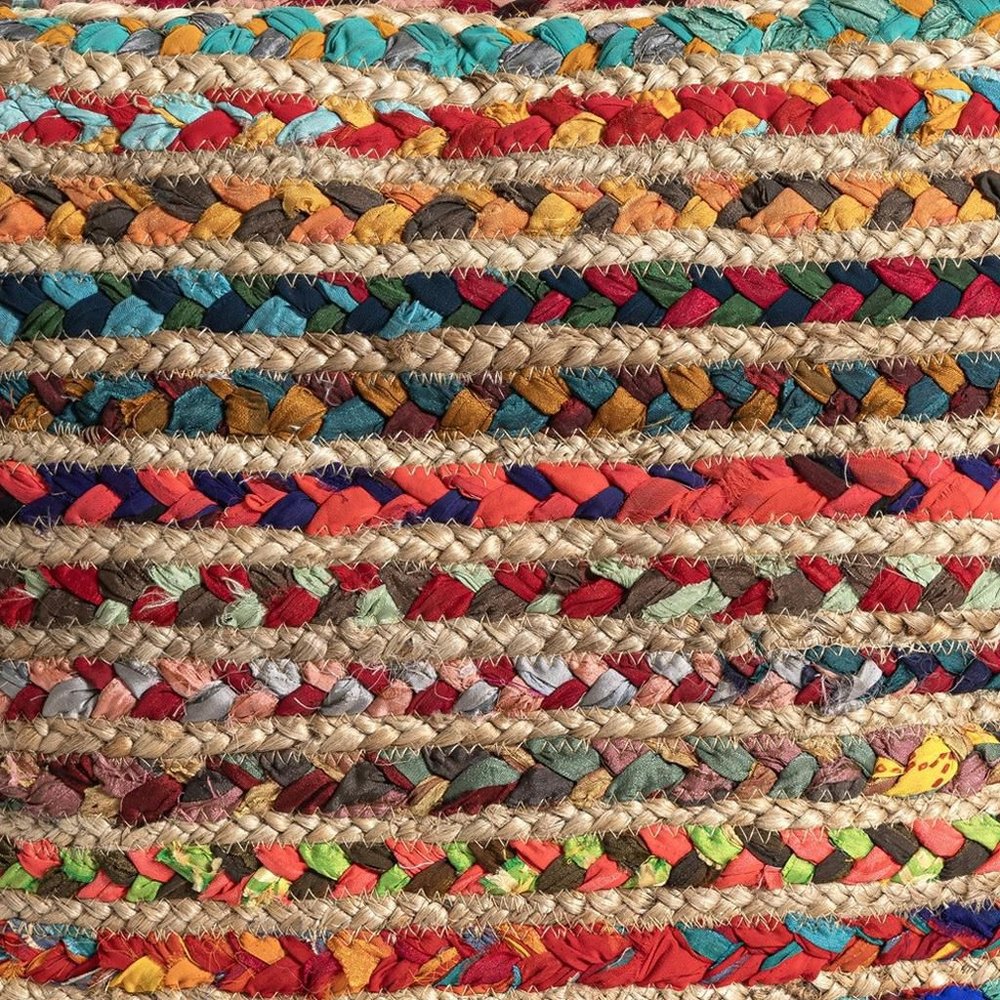 18" Natural and Rainbow Braided Jute And Polyester Striped Pouf Ottoman HomeRoots