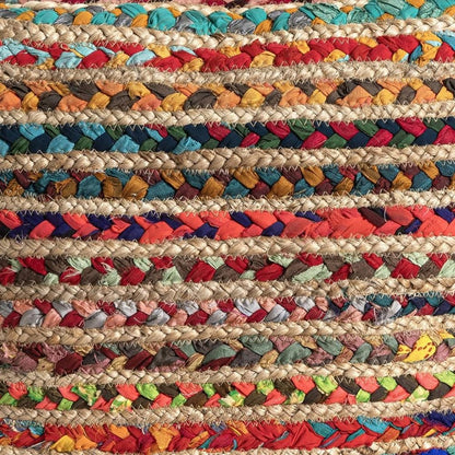 18" Natural and Rainbow Braided Jute And Polyester Striped Pouf Ottoman HomeRoots