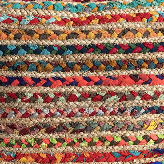 18" Natural and Rainbow Braided Jute And Polyester Striped Pouf Ottoman HomeRoots