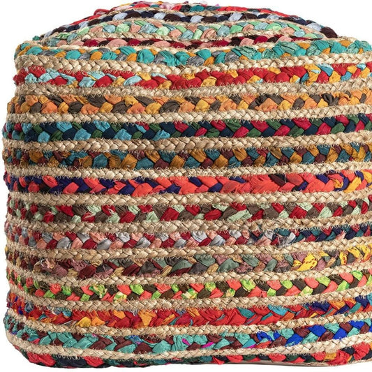 18" Natural and Rainbow Braided Jute And Polyester Striped Pouf Ottoman HomeRoots