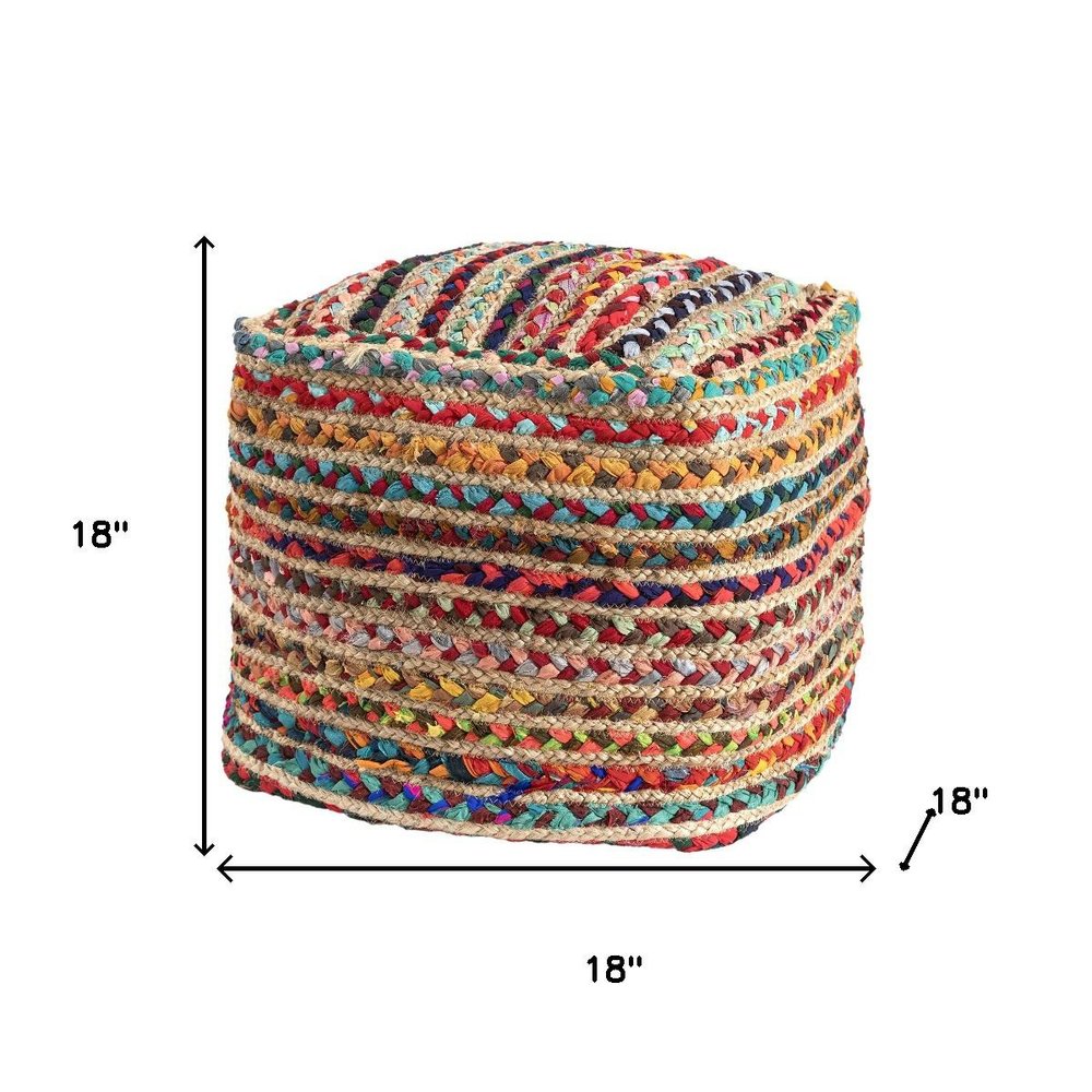 18" Natural and Rainbow Braided Jute And Polyester Striped Pouf Ottoman HomeRoots