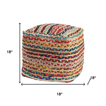 18" Natural and Rainbow Braided Jute And Polyester Striped Pouf Ottoman HomeRoots