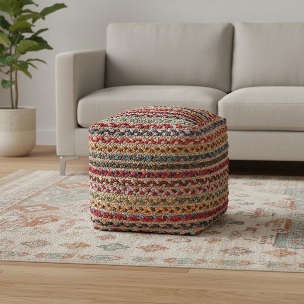 18" Natural and Rainbow Braided Jute And Polyester Striped Pouf Ottoman HomeRoots