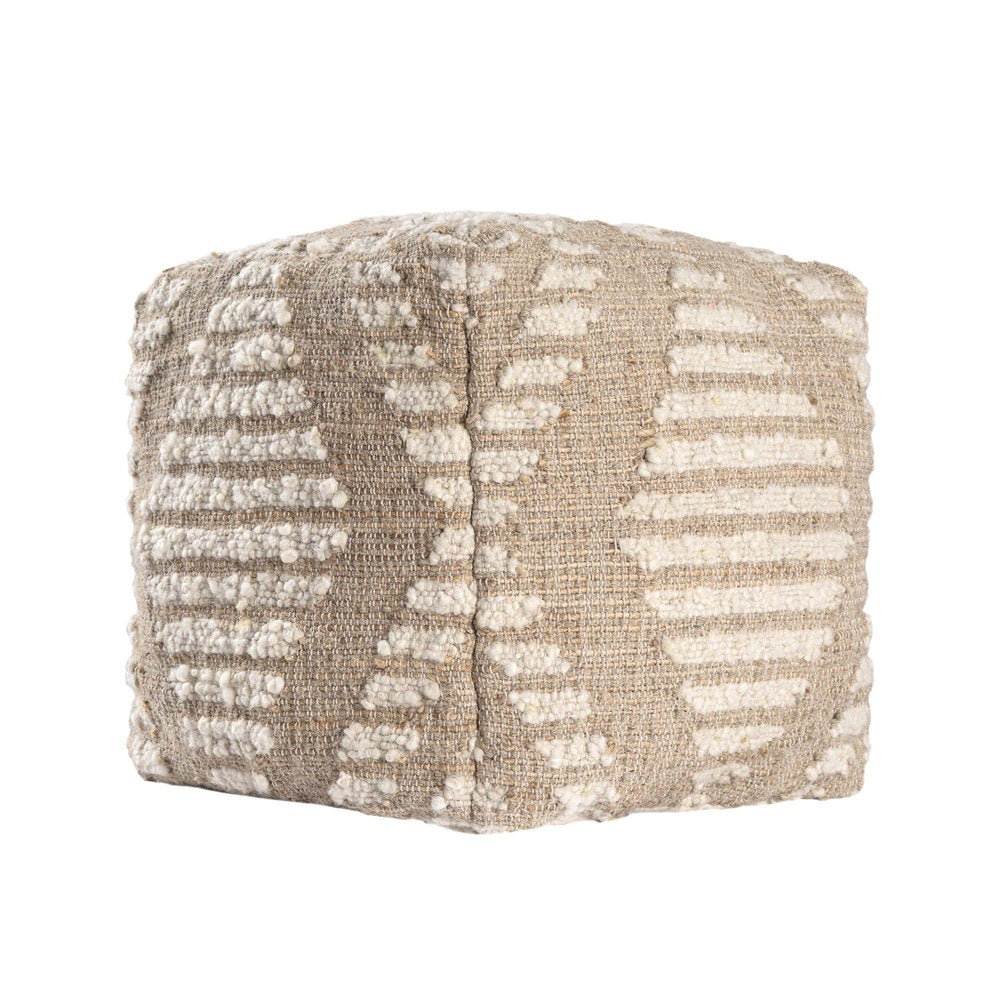 18" Ivory and Natural Cotton Jute And Wool Geometric Cube Pouf Ottoman HomeRoots
