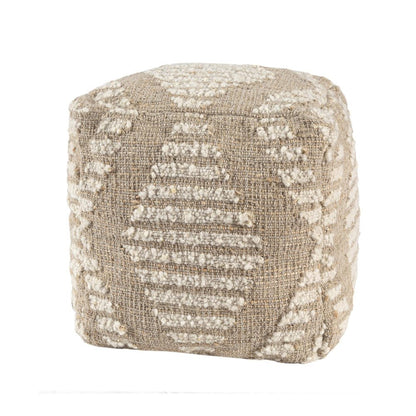 18" Ivory and Natural Cotton Jute And Wool Geometric Cube Pouf Ottoman HomeRoots
