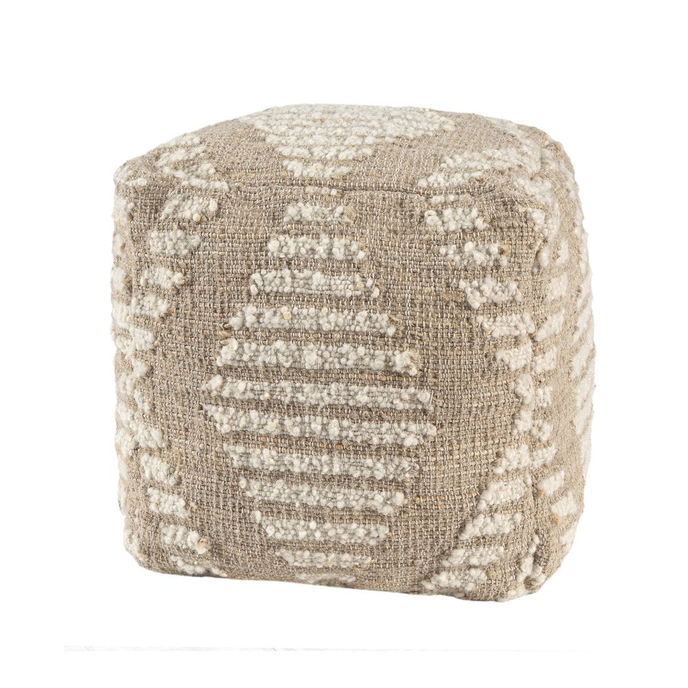 18" Ivory and Natural Cotton Jute And Wool Geometric Cube Pouf Ottoman HomeRoots