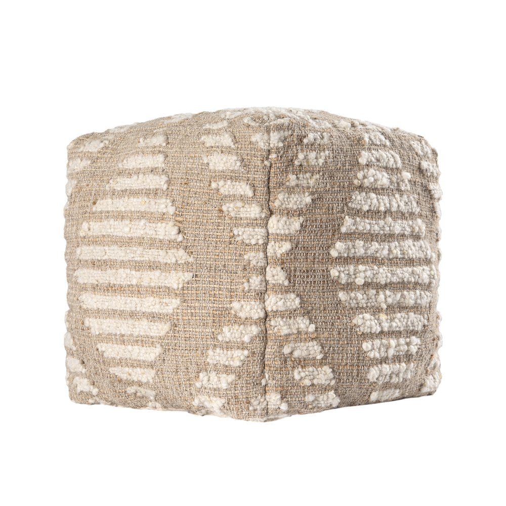 18" Ivory and Natural Cotton Jute And Wool Geometric Cube Pouf Ottoman HomeRoots