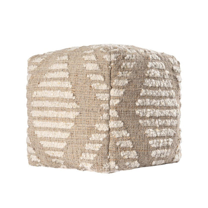 18" Ivory and Natural Cotton Jute And Wool Geometric Cube Pouf Ottoman HomeRoots