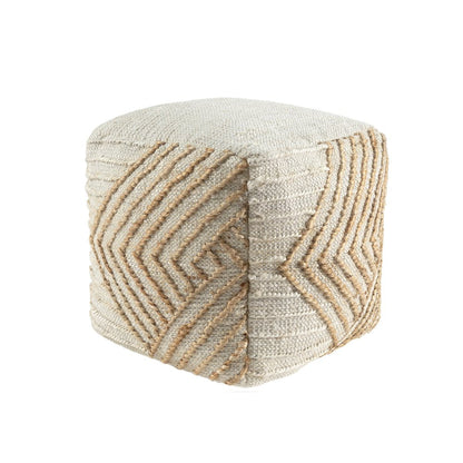 18" Natural and Off White Cotton Jute And Wool Geometric Cube Pouf Ottoman HomeRoots