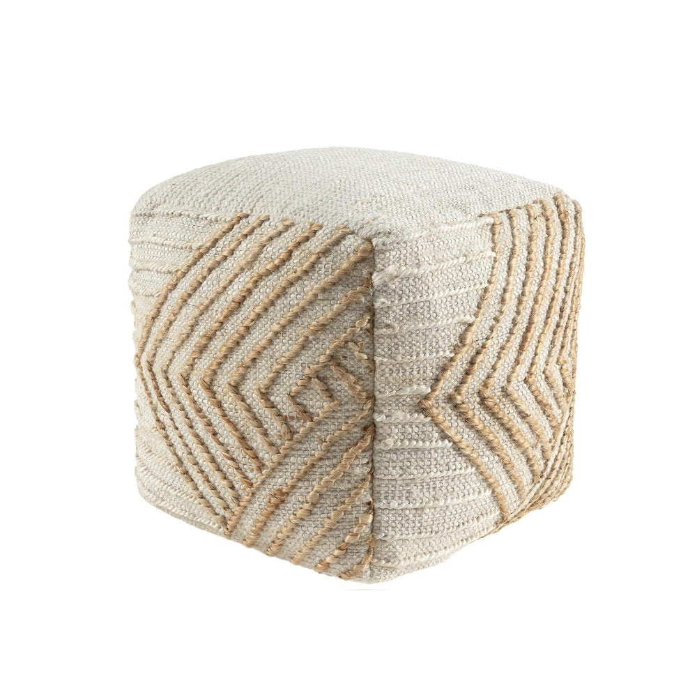 18" Natural and Off White Cotton Jute And Wool Geometric Cube Pouf Ottoman HomeRoots