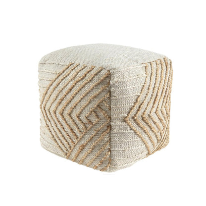 18" Natural and Off White Cotton Jute And Wool Geometric Cube Pouf Ottoman HomeRoots
