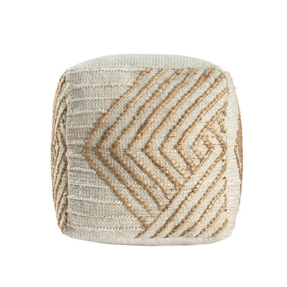 18" Natural and Off White Cotton Jute And Wool Geometric Cube Pouf Ottoman HomeRoots