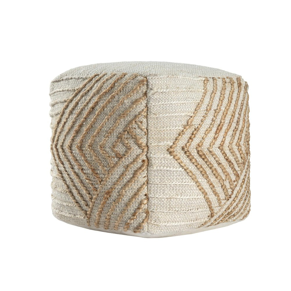 18" Natural and Off White Cotton Jute And Wool Geometric Cube Pouf Ottoman HomeRoots
