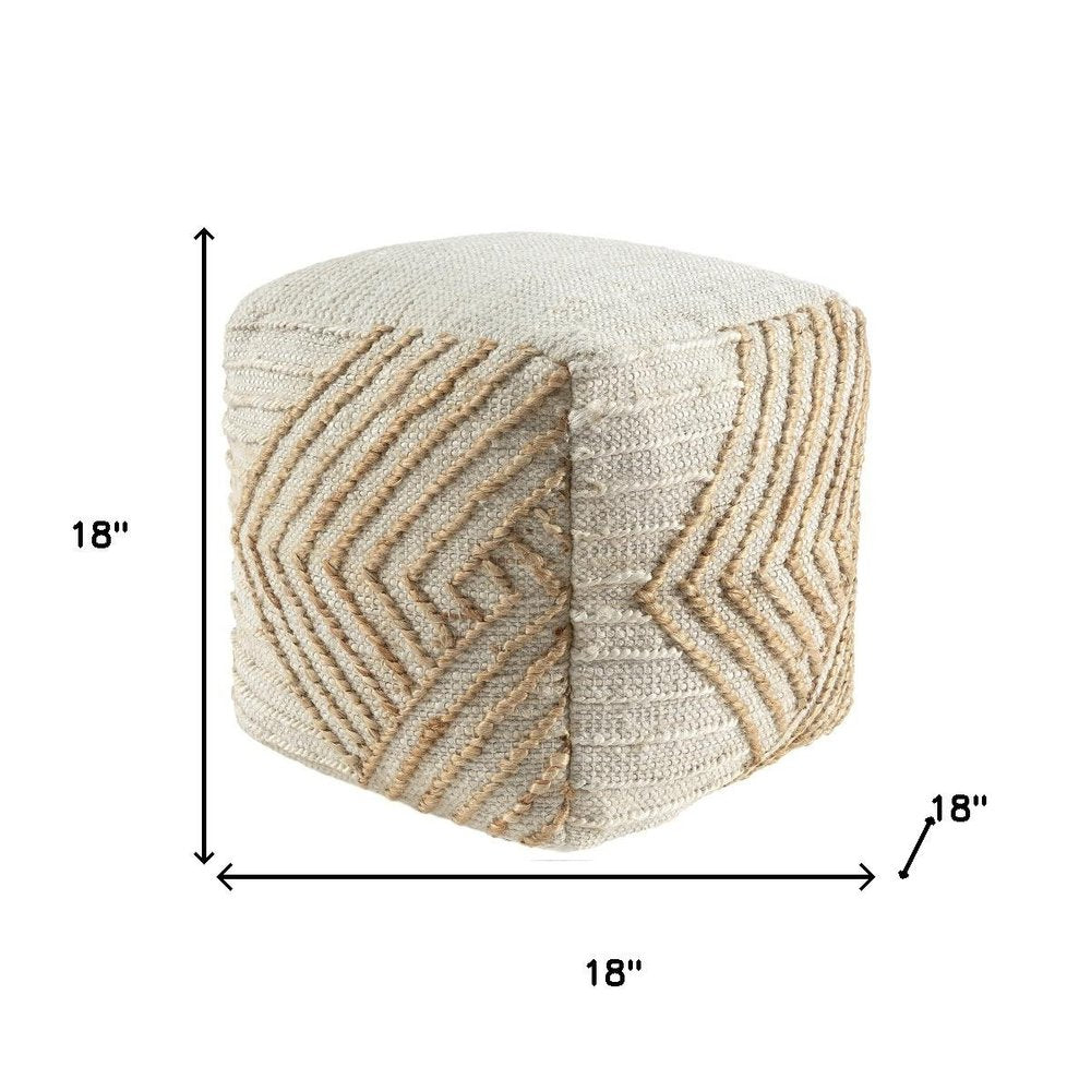18" Natural and Off White Cotton Jute And Wool Geometric Cube Pouf Ottoman HomeRoots