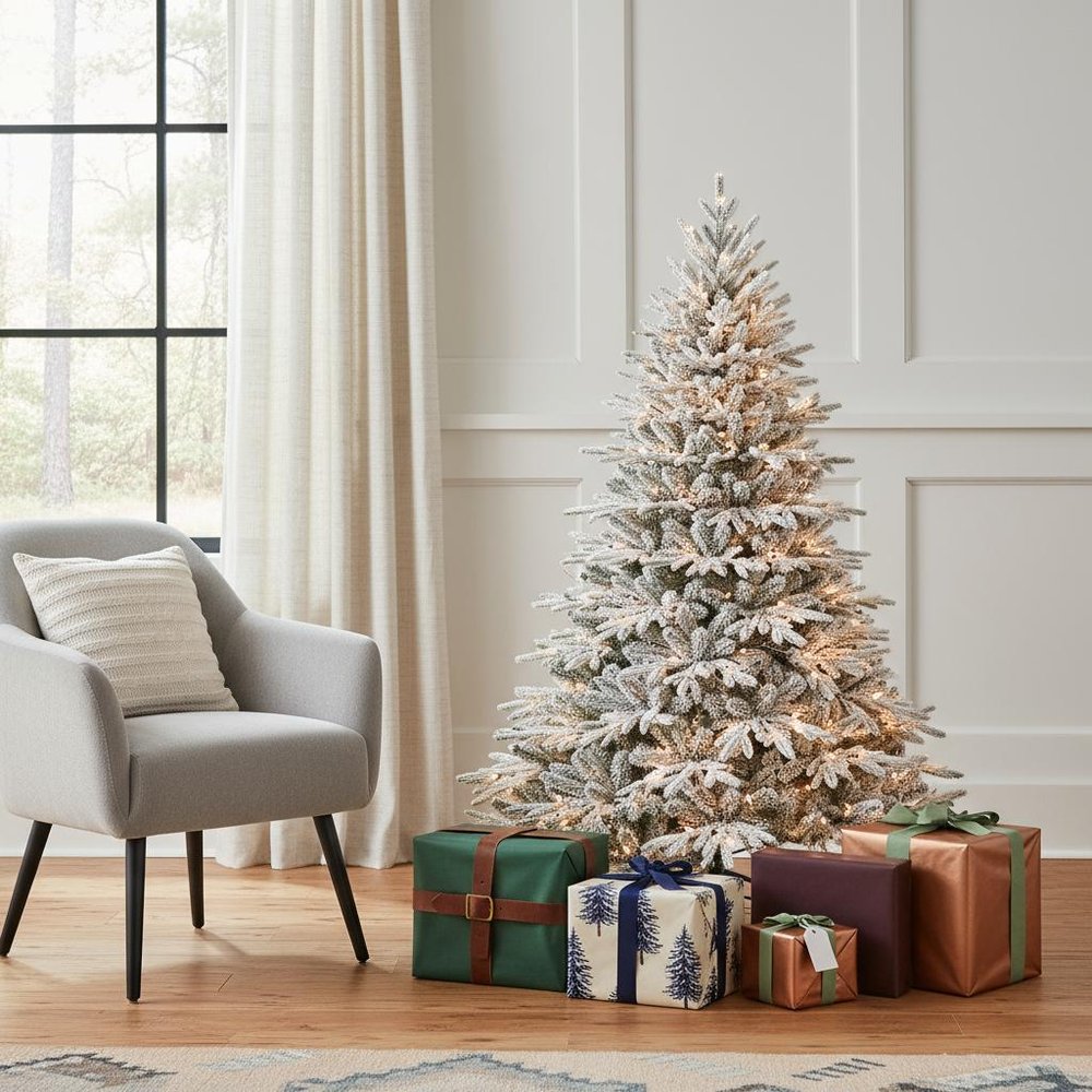 7.5' White Pre Lit Full Flocked Pine Christmas Tree With Decorations HomeRoots