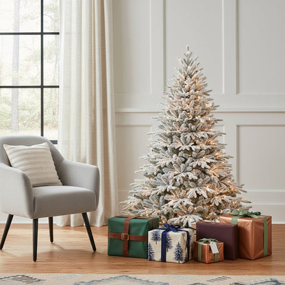 6.5' White Pre Lit Full Flocked Pine Christmas Tree With Decorations HomeRoots