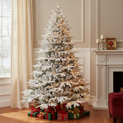 7.5' White Pre Lit Full Flocked Pine Christmas Tree With Decorations HomeRoots