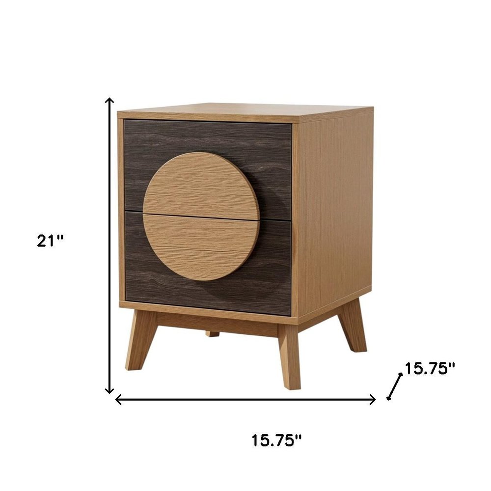 21" Oak And Dark Brown Solid Wood Square Two Drawer Nightstand HomeRoots