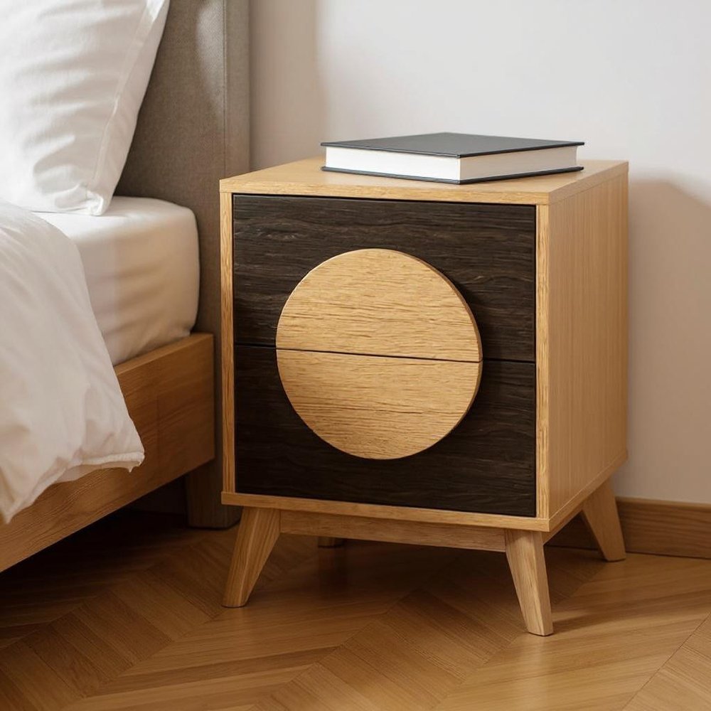 21" Oak And Dark Brown Solid Wood Square Two Drawer Nightstand HomeRoots