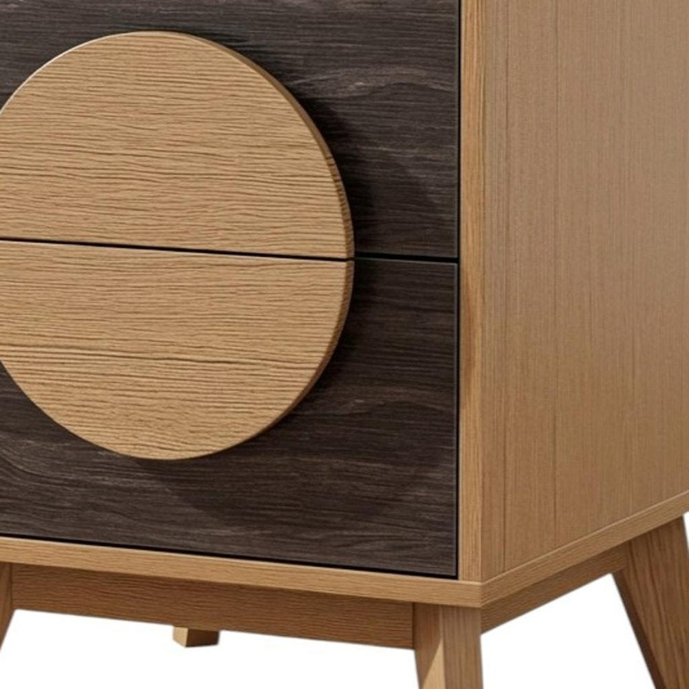21" Oak And Dark Brown Solid Wood Square Two Drawer Nightstand HomeRoots