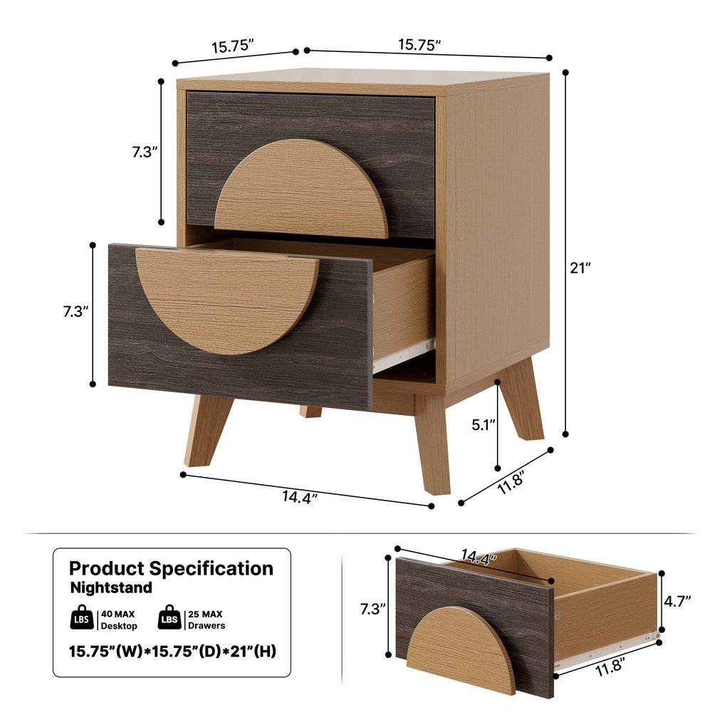 21" Oak And Dark Brown Solid Wood Square Two Drawer Nightstand HomeRoots