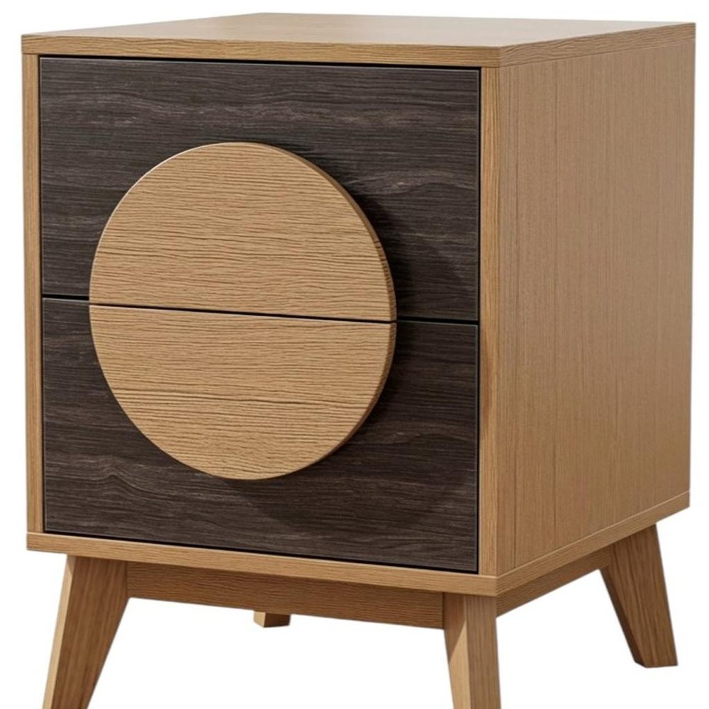 21" Oak And Dark Brown Solid Wood Square Two Drawer Nightstand HomeRoots