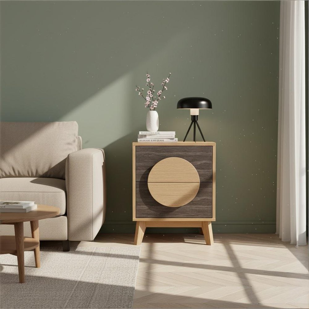 21" Oak And Dark Brown Solid Wood Square Two Drawer Nightstand HomeRoots