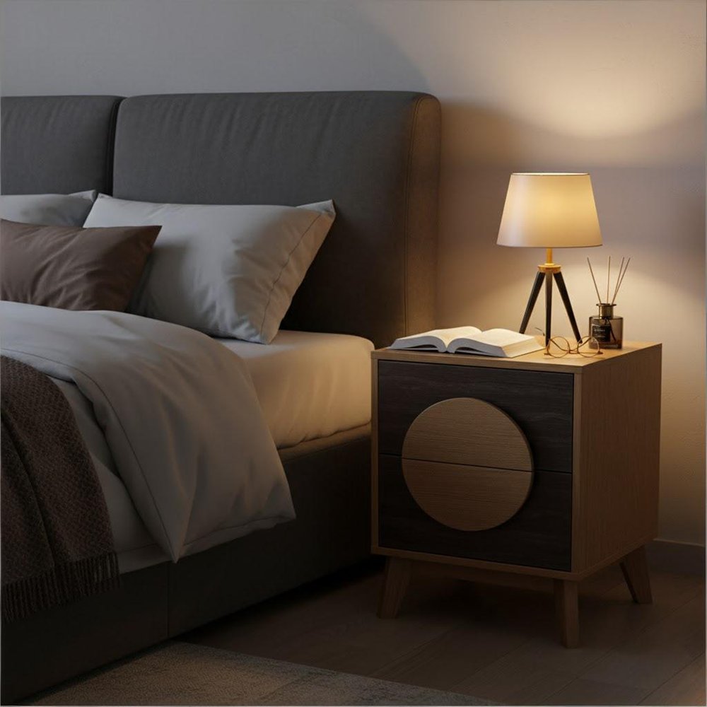 21" Oak And Dark Brown Solid Wood Square Two Drawer Nightstand HomeRoots