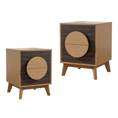 Set of Two 21" Oak And Dark Brown Solid Wood Square Two Drawer Nightstands HomeRoots