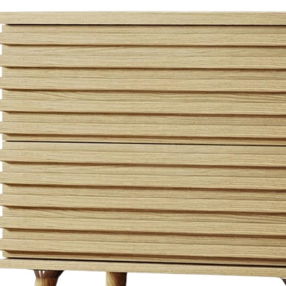 23" Natural Solid Wood Ribbed Texture Two Drawer Nightstand — view 2