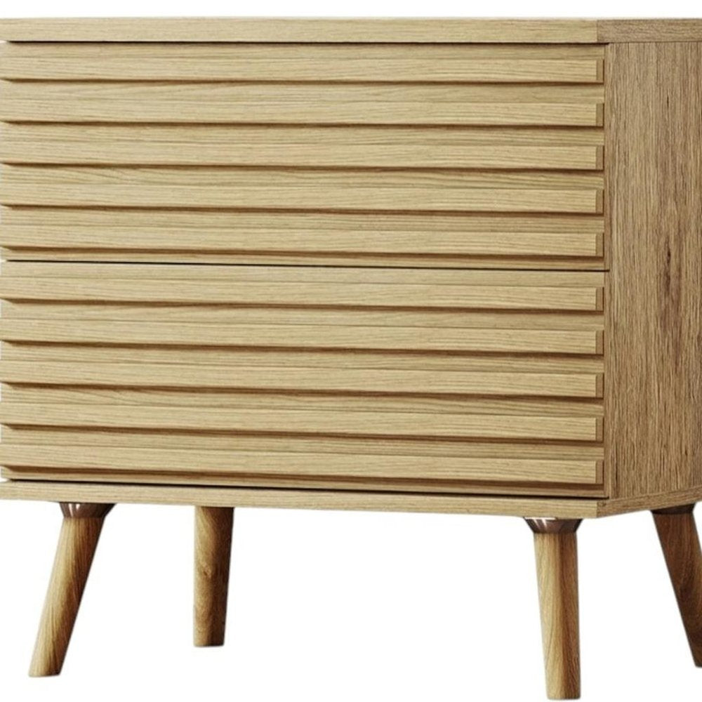 23" Natural Solid Wood Ribbed Texture Two Drawer Nightstand HomeRoots