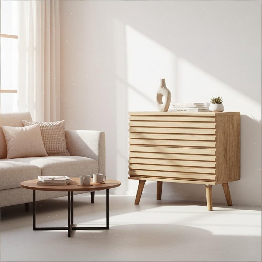 23" Natural Solid Wood Ribbed Texture Two Drawer Nightstand HomeRoots