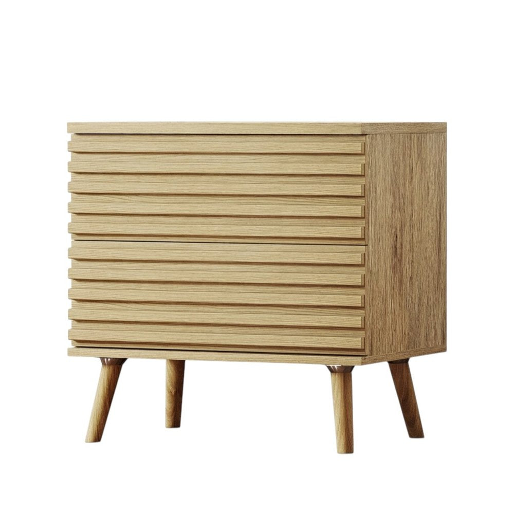 23" Natural Solid Wood Ribbed Texture Two Drawer Nightstand HomeRoots