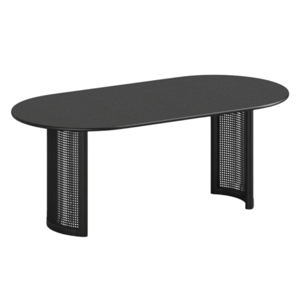 79" Black Solid Wood Double And Rattan Pedestal Base Oval Dining Table HomeRoots