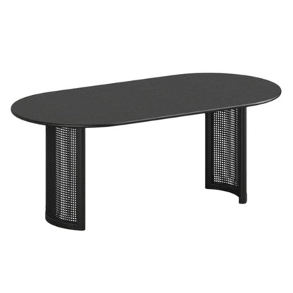 79" Black Solid Wood Double And Rattan Pedestal Base Oval Dining Table HomeRoots