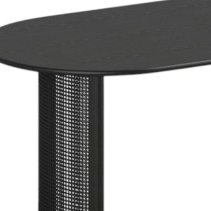 79" Black Solid Wood Double And Rattan Pedestal Base Oval Dining Table HomeRoots