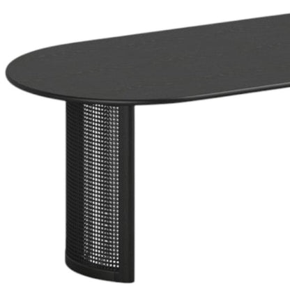 79" Black Solid Wood Double And Rattan Pedestal Base Oval Dining Table HomeRoots