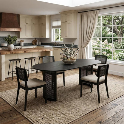 79" Black Solid Wood Double And Rattan Pedestal Base Oval Dining Table HomeRoots