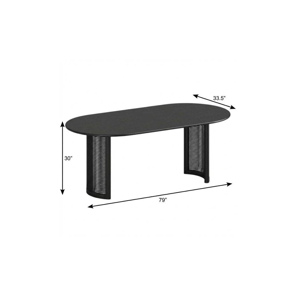 79" Black Solid Wood Double And Rattan Pedestal Base Oval Dining Table HomeRoots