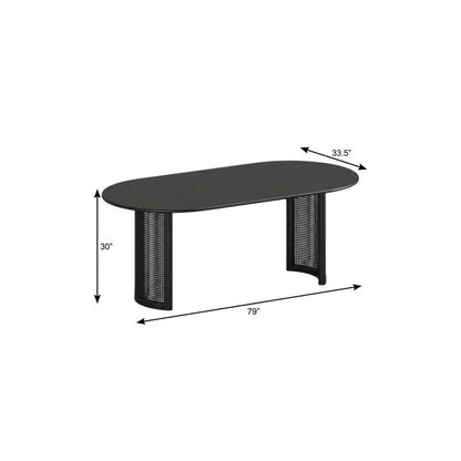 79" Black Solid Wood Double And Rattan Pedestal Base Oval Dining Table HomeRoots