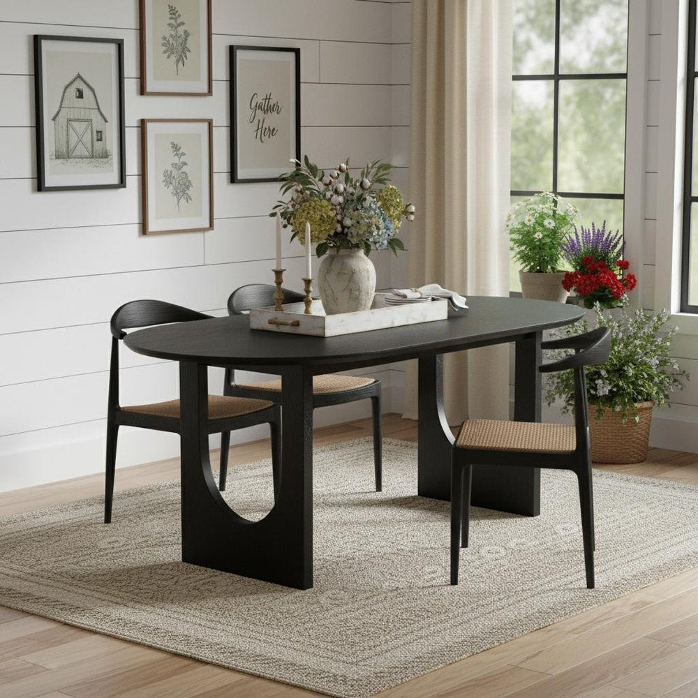 79" Black Solid Wood Geo Double Pedestal Base Oval Dining Table HomeRoots