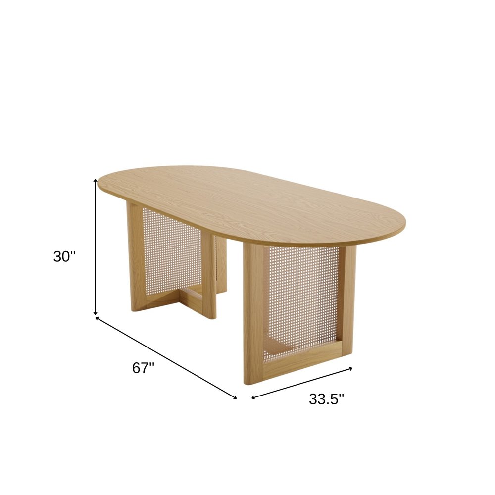 67" Natural Solid Wood And Rattan Double Pedestal Base Oval Dining Table HomeRoots