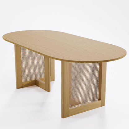 67" Natural Solid Wood And Rattan Double Pedestal Base Oval Dining Table HomeRoots