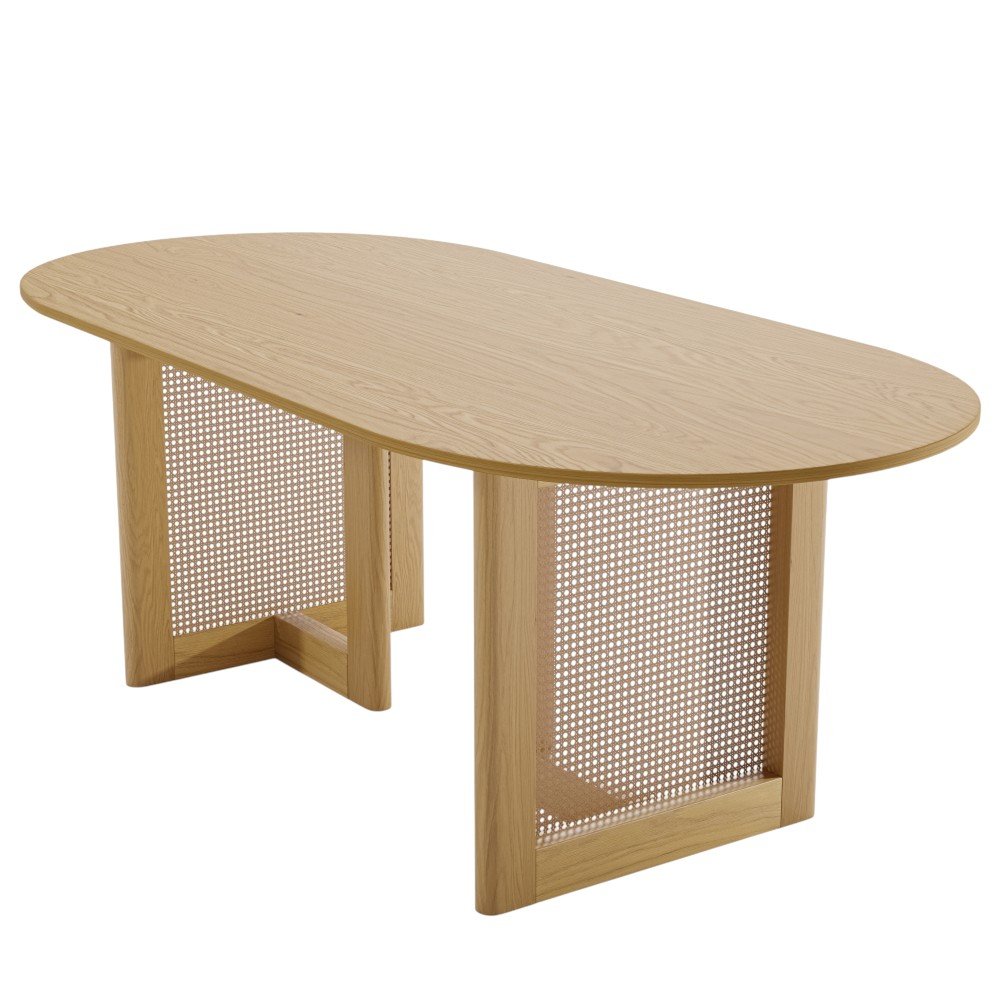 67" Natural Solid Wood And Rattan Double Pedestal Base Oval Dining Table — view 4