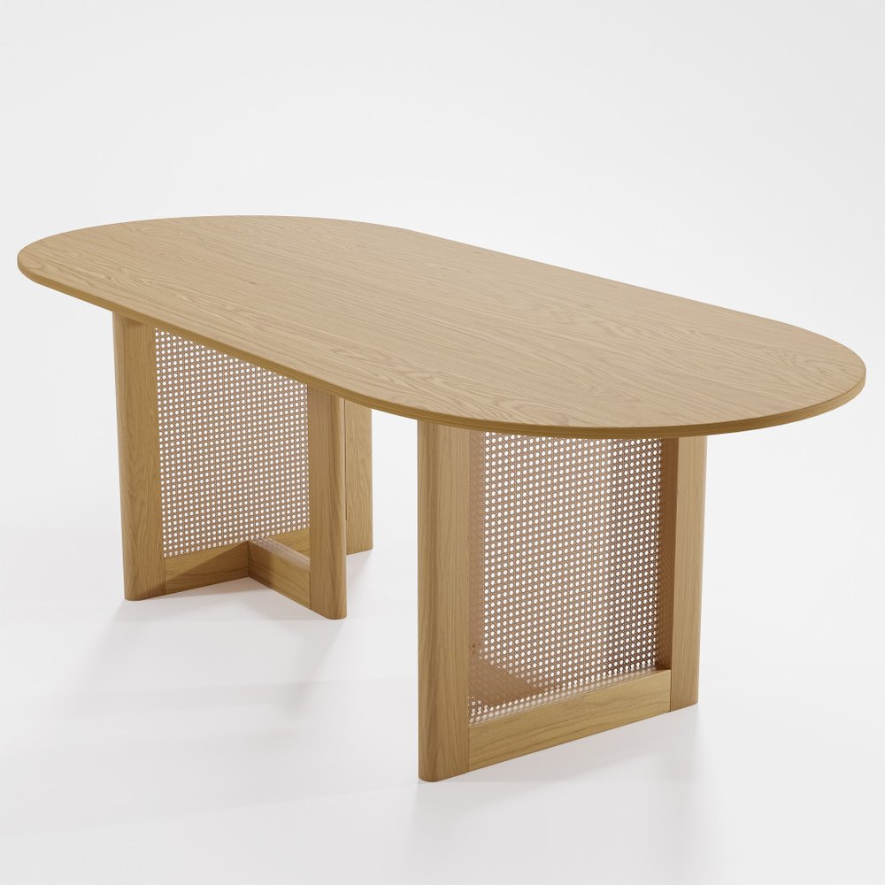 79" Natural Solid Wood and Rattan Double Pedestal Base Oval Dining Table HomeRoots