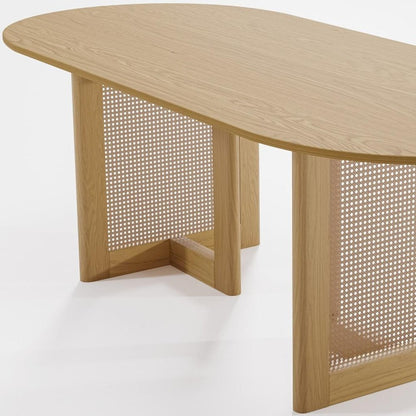 79" Natural Solid Wood and Rattan Double Pedestal Base Oval Dining Table HomeRoots